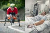 Left: Dave Cook training for the Great North Run along Liverpool Road in May. Right: In hospital following a crash on that same road in September.