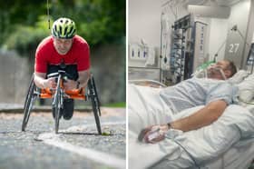 Left: Dave Cook training for the Great North Run along Liverpool Road in May. Right: In hospital following a crash on that same road in September.