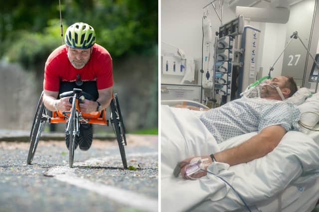 Left: Dave Cook training for the Great North Run along Liverpool Road in May. Right: In hospital following a crash on that same road in September.