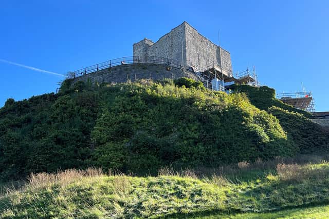 The scaffolding and protective cladding around the 800-year-old Clitheroe Castle keep 