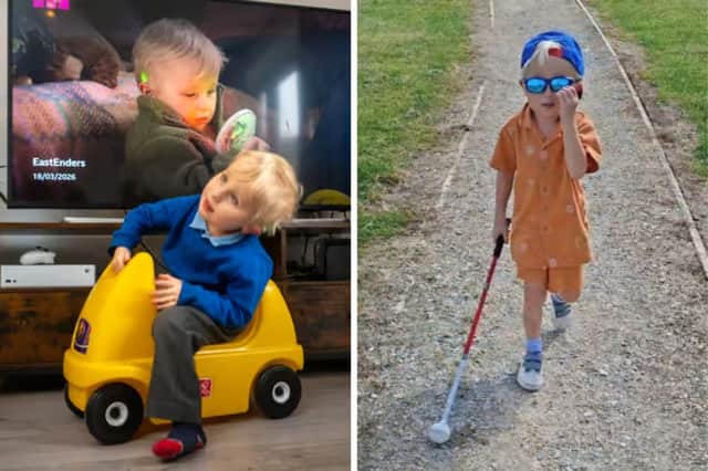 Left: Harvey in front of an Eastenders episode he featured in. Right: Using his red and white stick.