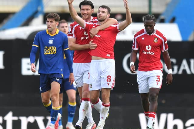 Wrexham's Ben Whiteman celebrates scoring his team’s second goal 