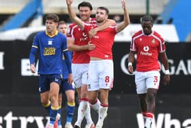 Wrexham's Ben Whiteman celebrates scoring his team’s second goal 