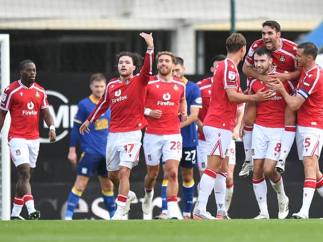Wrexham's Ben Whiteman celebrates scoring his team’s second goal 