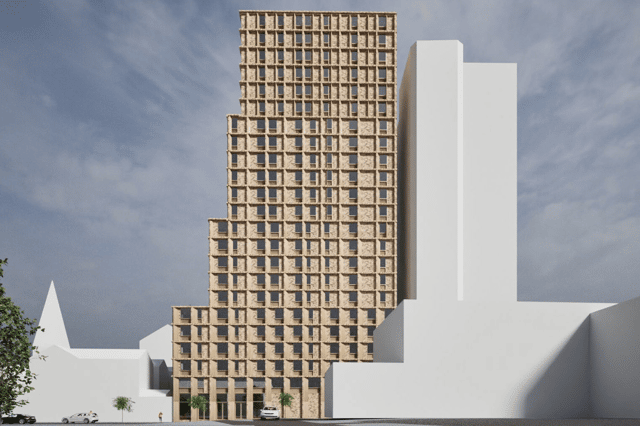 How the new block would look alongside the Guild Tower to its right