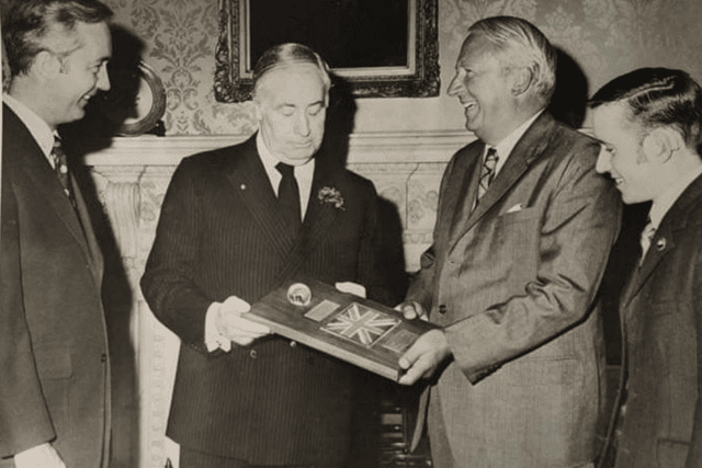 Presenting the Goodwill Moon Rock to 10 Downing Street, July 1973.  Left to right: Brigadier Jim McDivitt, Mr. Walter Annenberg, PM Edward Heath and Dermot Gethings