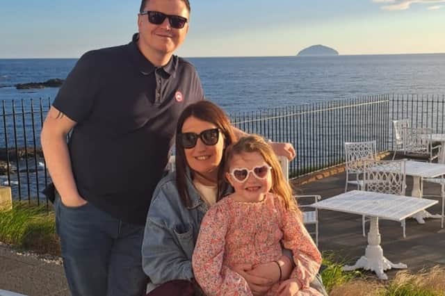 Brian Connelly with his daughter Evlyn and wife Ellie. Brian, a plastering supervisor with Blackpool-based building company Evolution, was devastated when a friend and work colleague took his own life earlier this year. He is taking part in a 60km walking challenge as part of fundraising for Movember in support of men’s mental health.
