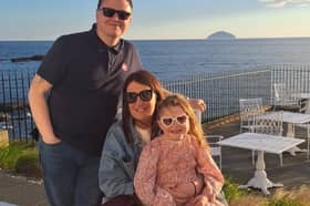 Brian Connelly with his daughter Evlyn and wife Ellie. Brian, a plastering supervisor with Blackpool-based building company Evolution, was devastated when a friend and work colleague took his own life earlier this year. He is taking part in a 60km walking challenge as part of fundraising for Movember in support of men’s mental health.
