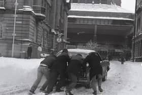 A winter wonderland – but not for motorists! A car is pushed through the snow on Preston’s Flag Market in 1981, as our nostalgic photo series revisits the people, places and memorable moments of the Eighties  