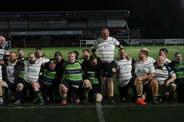 Lock and ref Bruce (centre standing in the white shirt) playing for Bruce’s Assassins in his fundraising match for Rosemere Cancer Foundation 