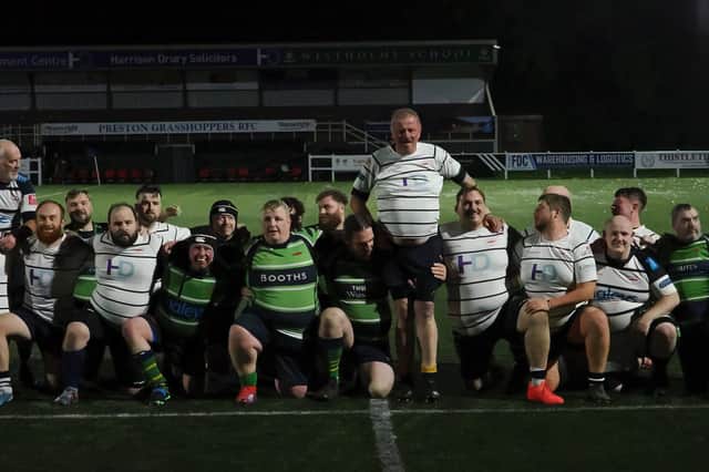 Lock and ref Bruce (centre standing in the white shirt) playing for Bruce’s Assassins in his fundraising match for Rosemere Cancer Foundation
