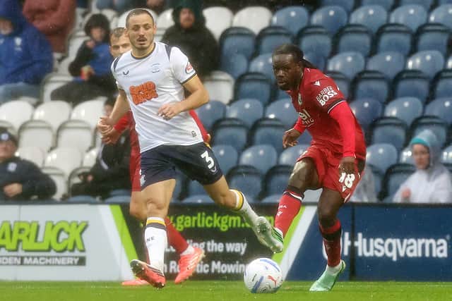 West Bromwich Albion's Brayann Pereira passes under pressure from Preston North End's Andrija Vukcevic