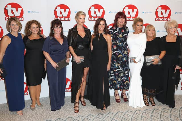 (L-R) Loose Women Panelists Kaye Adams, Nadia Sawalha, Coleen Nolan, Penny Lancaster, Andrea McLean, Janet Street-Porter, Katie Price, Linda Robson and Sherrie Hewson arrive for the 2016 TV Choice Awards.
