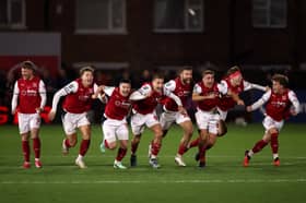 Fleetwood Town celebrate after penalty shoot-out win over Arsenal at Highbury