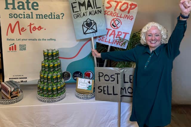 Lisa York stages a playful protest against social media at the Woman Who Solopreneur Awards earlier this month