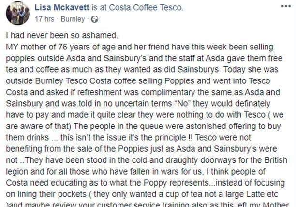 Lisa launched a scathing attack on Costa and urged people to boycott the coffee chain. Facebook. Pic: Facebook