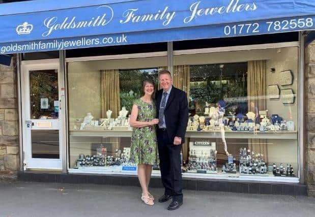 Former owners Barbara and Philip Goldsmith outside the jewellery shop in Berry Lane, Longridge