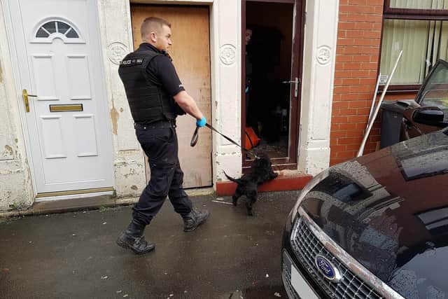 PD Meg successfully sniffed out a stash of suspected Class A, B and C drugs hidden inside the home. Pic: Lancashire Police