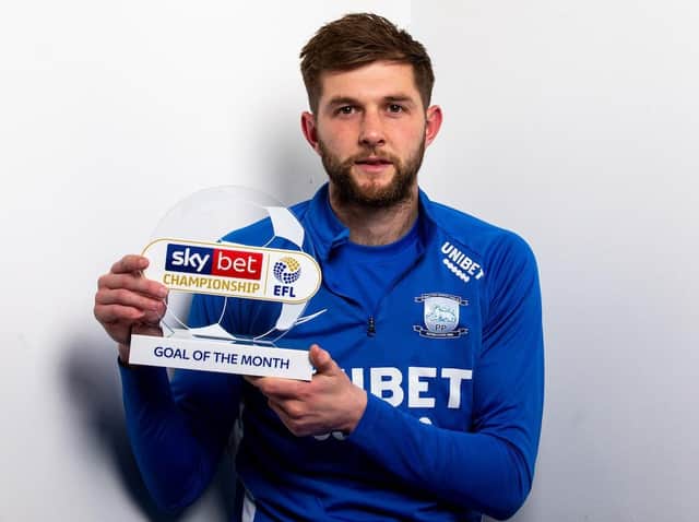 Preston's Tom Barkhuizen with the Championship goal of the month award