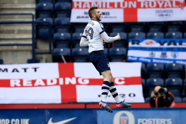 Tom Barkhuizen celebrates scoring for Preston against Reading in March 2017 - he won goal of the month