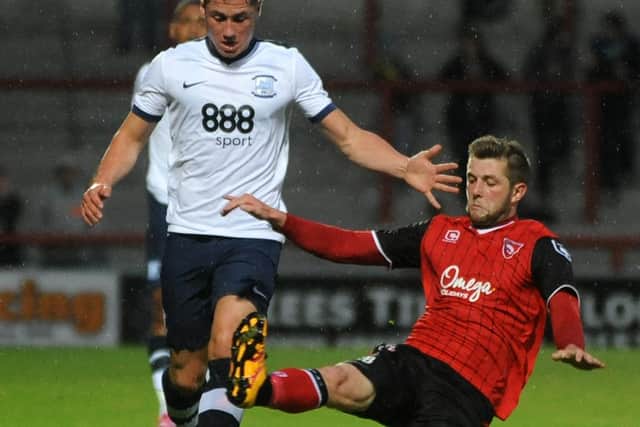 Tom Barkhuizen (right) in his Morecambe days playing against Preston