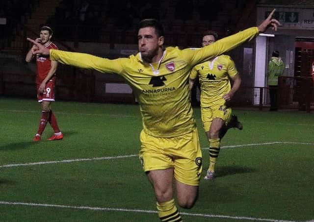 Cole Stockton celebrates his late equaliser which earned a 1-1 draw at Crawley Town last weekend