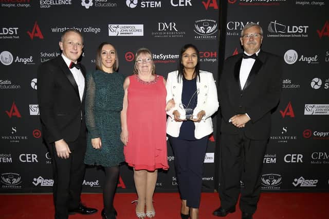 Eldon Primary School headteacher Azra Butt and staff pictured with with Andy Kent (left) CEO of Angel Solutions, sponsor of the Most Inspirational Primary School Award. Photo:   courtesy of Educate Awards