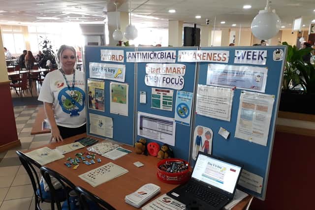 Katie Naylor, specialist antimicrobial pharmacy technician, pictured at one of the information stands set up at the Royal Preston Hospital