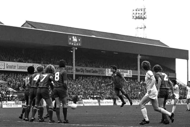 Sean Haslegrave lets fly with a free-kick in Preston's game against Crystal Palace in October 1978 - that was his first goal in PNE colours