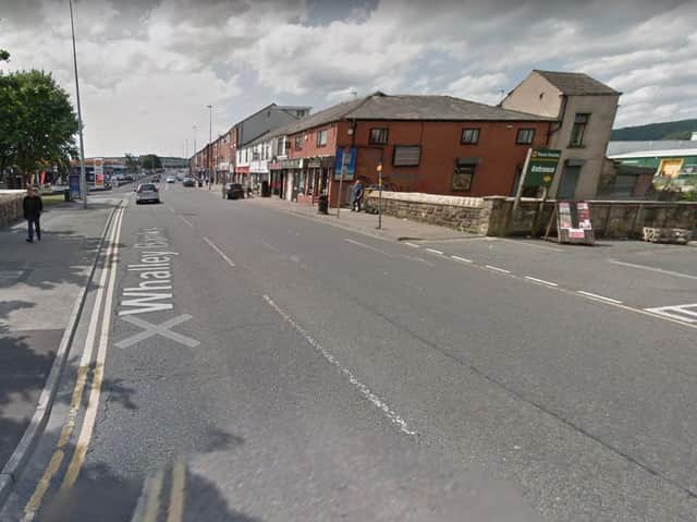 A Fiat Punto Grande mounted the pavement in King Street/Whalley Banks, near Howdens Joinery, before hitting Alison McBlaine, 36, and a second pedestrian. Pic: Google