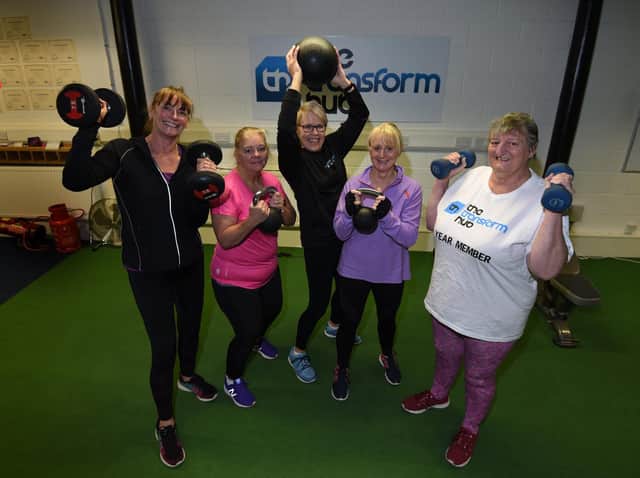Dawn Gallagher, Carole Taylor, Anne Atkinson, Jill Blanshard and Margaret McCarten at an exercise class for women aged 50 and over at The Transform Hub.