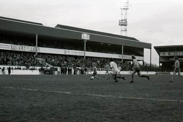 The Pavilion Stand is in the background as Preston face Huddersfield in 1974