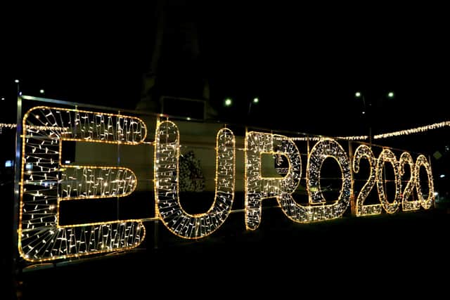 A  Euro 2020 sign at the Romexpo Exhibition Centre in Bucharest