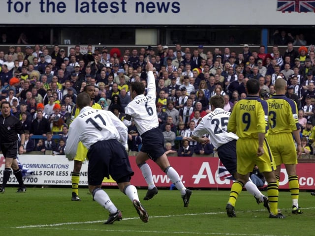 Sean Gregan celebrates after opening the scoring for Preston against West Bromwich Albion at Deepdale in May 2001
