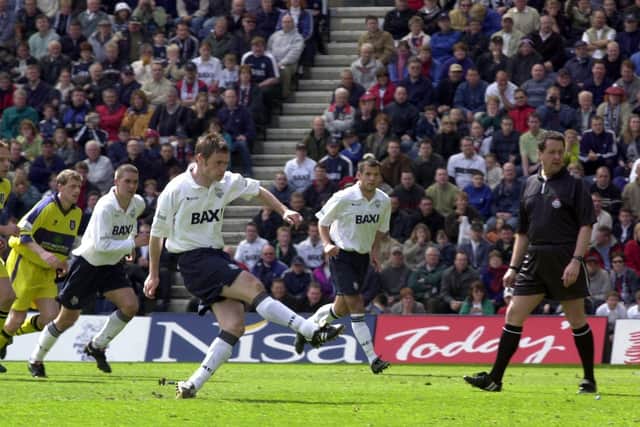 Graham Alexander scores from the penalty spot against West Bromwich Albion at Deepdale in May 2001