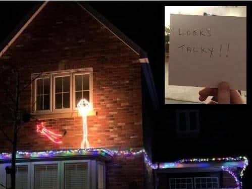 The Shaw family's Christmas lights in Joe Lane, Catterall, and the anonymous note left on their car windshield
