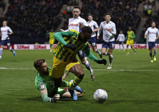 West Bromwich Albion's Kyle Edwards goes to ground under a challenge from Preston goalkeeper Declan Rudd on Monday night at Deepdale...the incident resulted in a penalty being awarded to the visitors