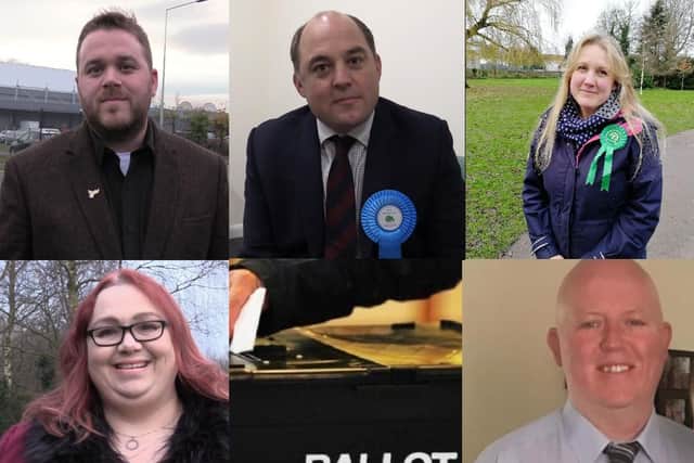 From top left - John Potter (Liberal Democrat), Ben Wallace (Conservative), Ruth Norbury (Green Party), Joanne Ainscough (Labour) and David Ragozzino (Independent)