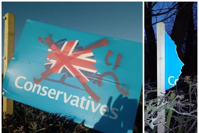 Vandalised Conservative Party signage (Images: submitted)