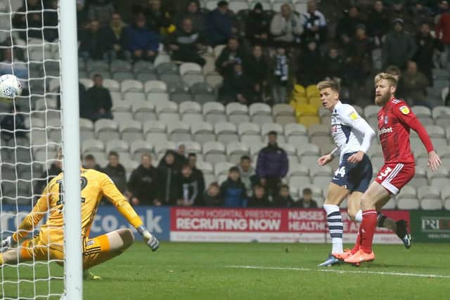 Brad Potts sees his shot come off Fulham goalkeeper Marek Rodak in the build-up to David Nugent's goal