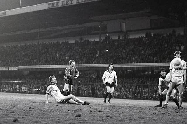 Alex Bruce scores for Preston against Derby at the Baseball Ground in May 1981