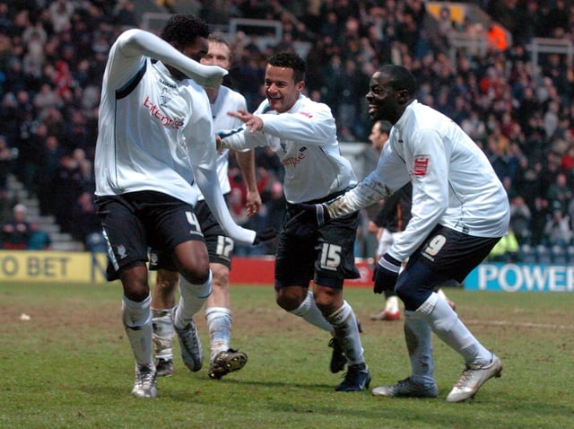 Claude Davis throws a few shapes to celebrate scoring Preston's fifth goal against Luton Town at Deepdale in February 2006