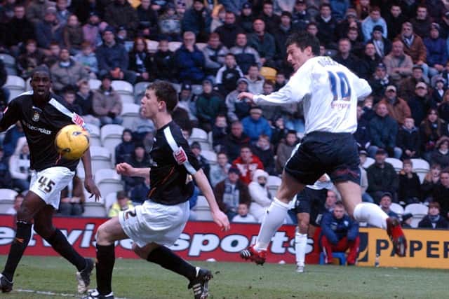 David Nugent heads home Preston's second goal against Luton Town in February 2006