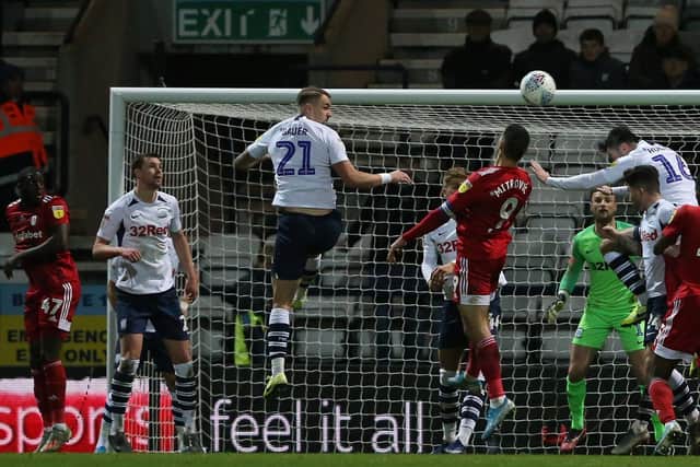 Patrick Bauer in the think of the action against Fulham at Deepdale