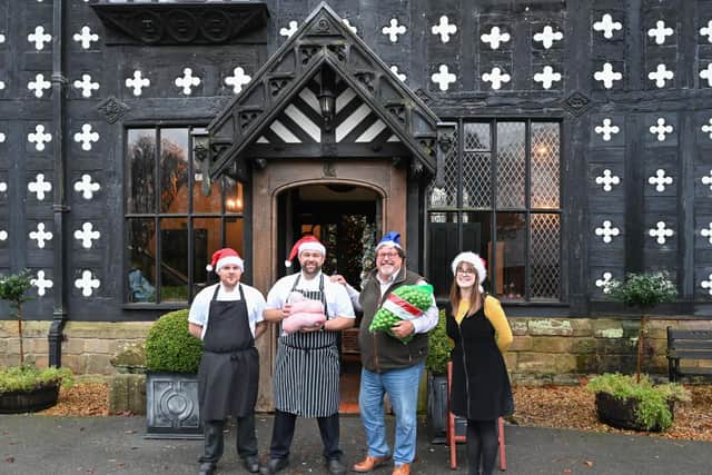 Graeme Ottewell who is a member of the kitchen team; Samlesbury Hall head chef, Colin Smith; Tedd Walmsley trustee of Nightsafe and Lauren Catterall, deputy director of Samlesbury Hall