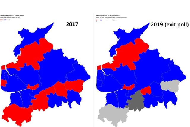 How the political map of Lancashire could change if the exit poll is accurate. Left: 2017 result, right: forecast 2019 result