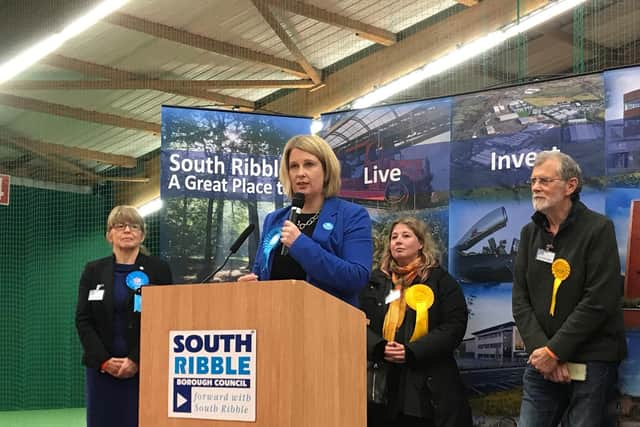 Katherine Fletcher makes her victory speech after securing well over half the votes in South Ribble