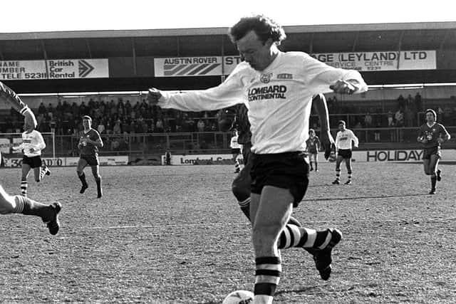 John Thomas on the ball during PNE's game against Swindon in the 1985/86 re-election season