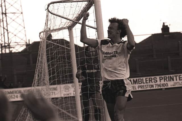 John Thomas celebrates scoring for Preston against Bury in the FA Cup in November 1986 - he netted a hat-trick that day