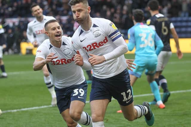 Paul Gallagher and Billy Bodin celebrate Preston's opening goal